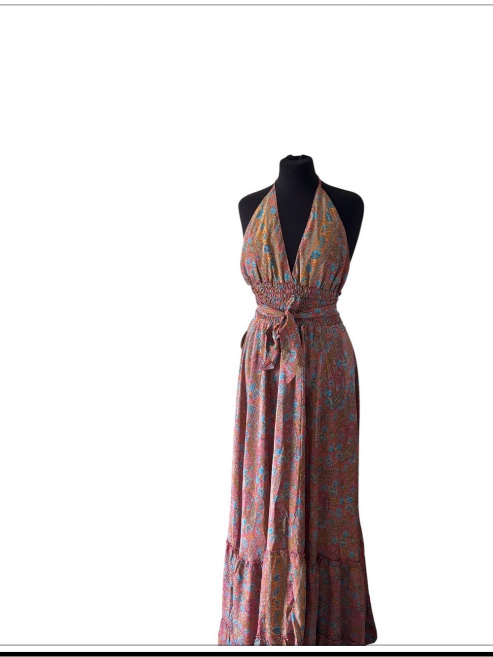Halter-Neck Maxi Dress in Rust Floral Print with Tie Waist
